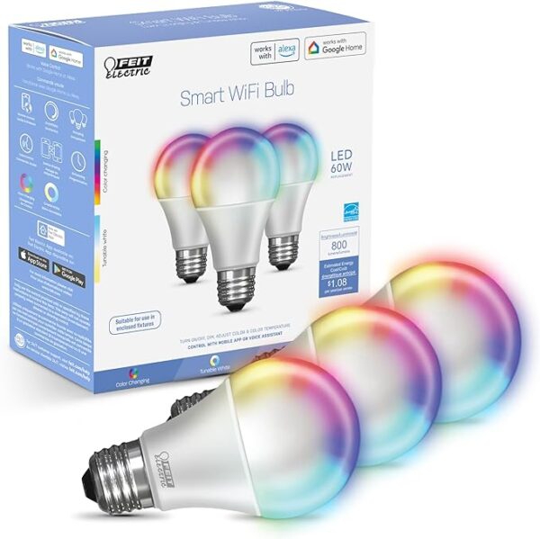 Feit Electric Smart Bulbs – RGB, Tunable White, WiFi, No Hub (3-Pack)